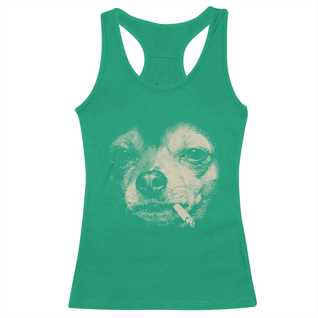 Funny Chihuahua Smoking Cegarette Meme Racerback Tank Top Gritty Ironic Dog Graphic for Dark Humor Lovers