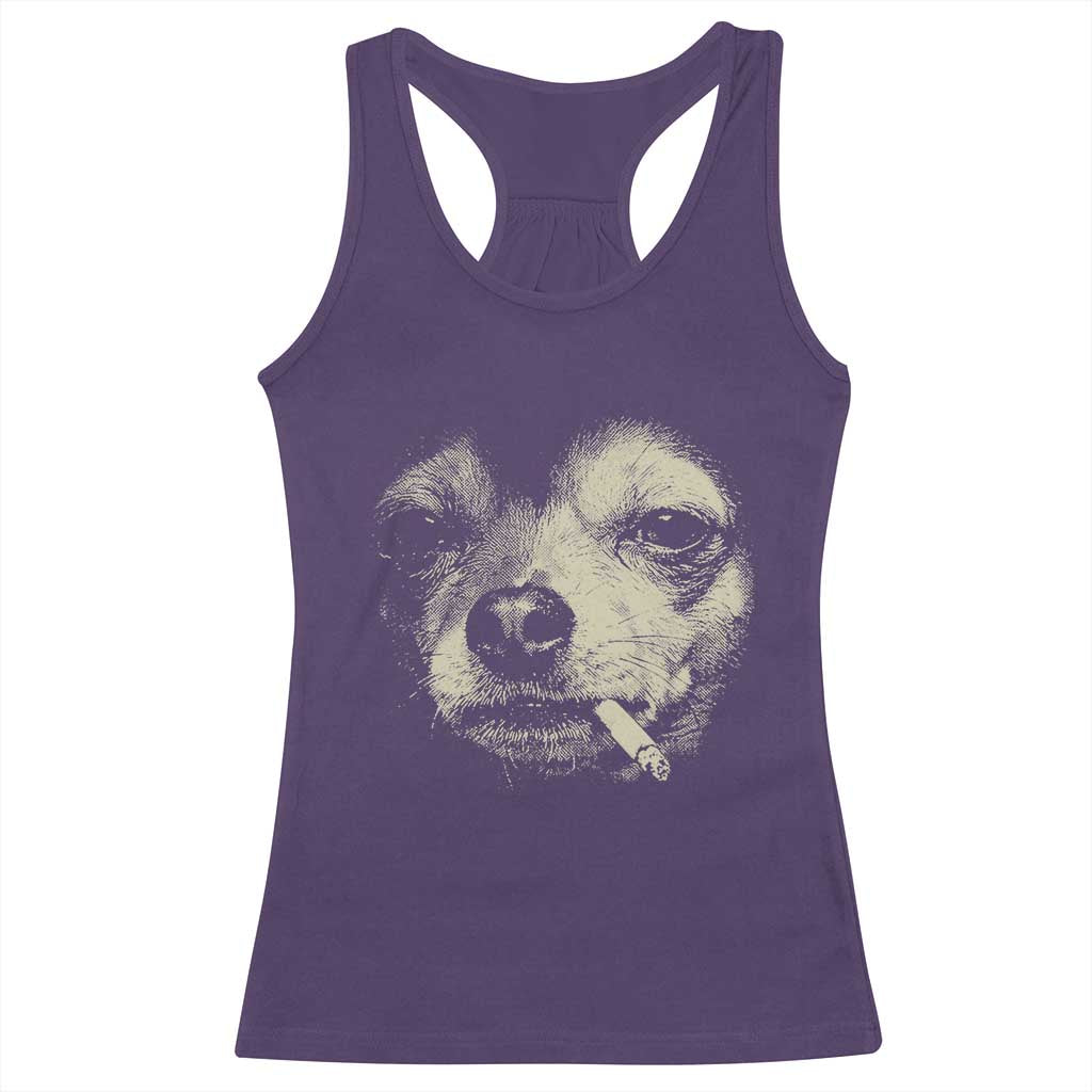 Funny Chihuahua Smoking Cegarette Meme Racerback Tank Top Gritty Ironic Dog Graphic for Dark Humor Lovers