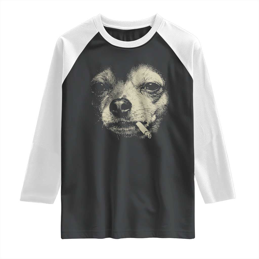 Funny Chihuahua Smoking Cegarette Meme Raglan Shirt Gritty Ironic Dog Graphic for Dark Humor Lovers