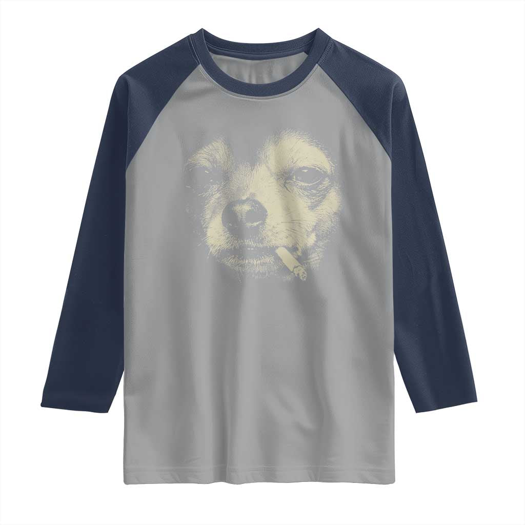 Funny Chihuahua Smoking Cegarette Meme Raglan Shirt Gritty Ironic Dog Graphic for Dark Humor Lovers