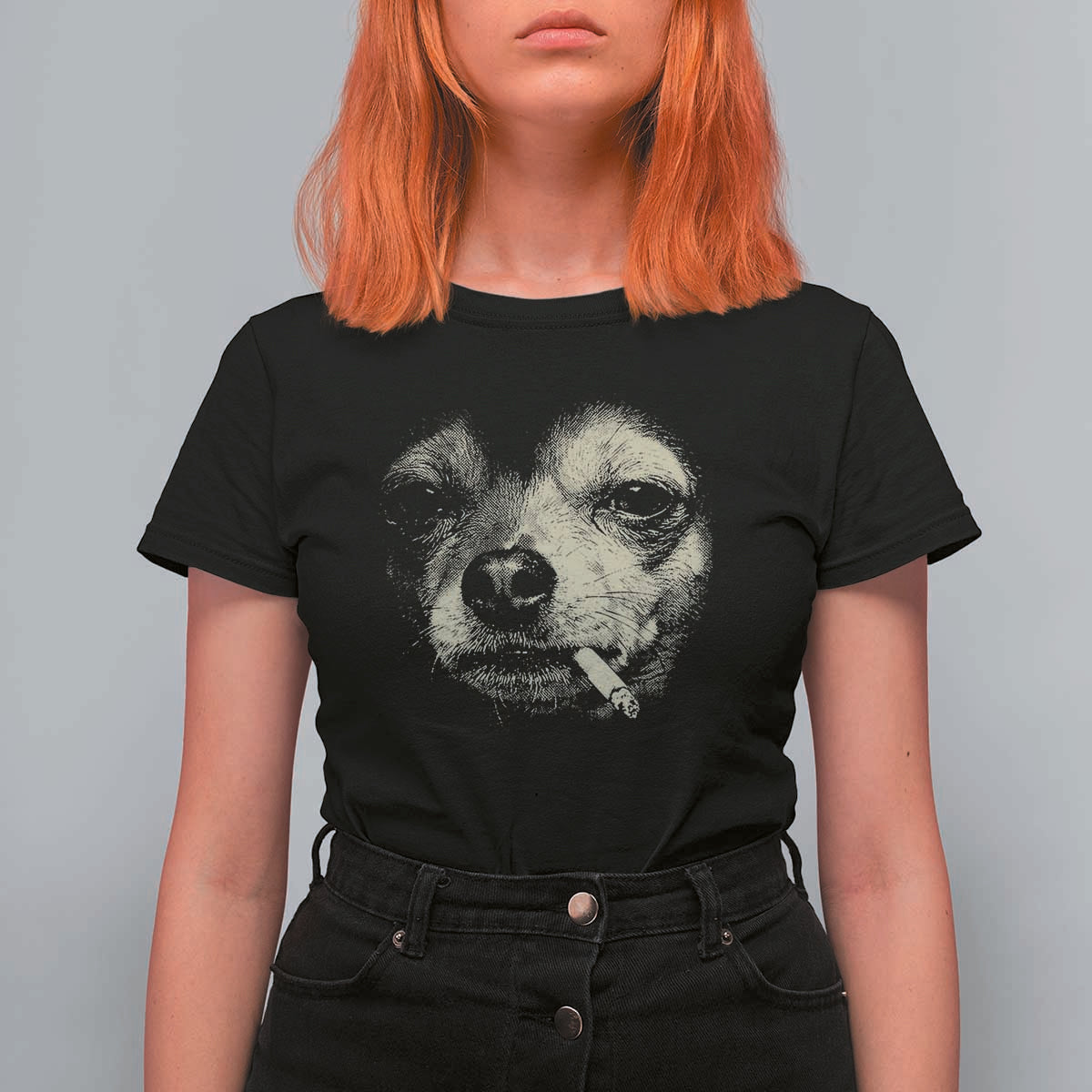 Funny Chihuahua Smoking Cegarette Meme T Shirt For Women Gritty Ironic Dog Graphic for Dark Humor Lovers
