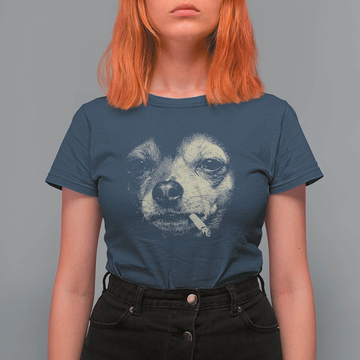 Funny Chihuahua Smoking Cegarette Meme T Shirt For Women Gritty Ironic Dog Graphic for Dark Humor Lovers