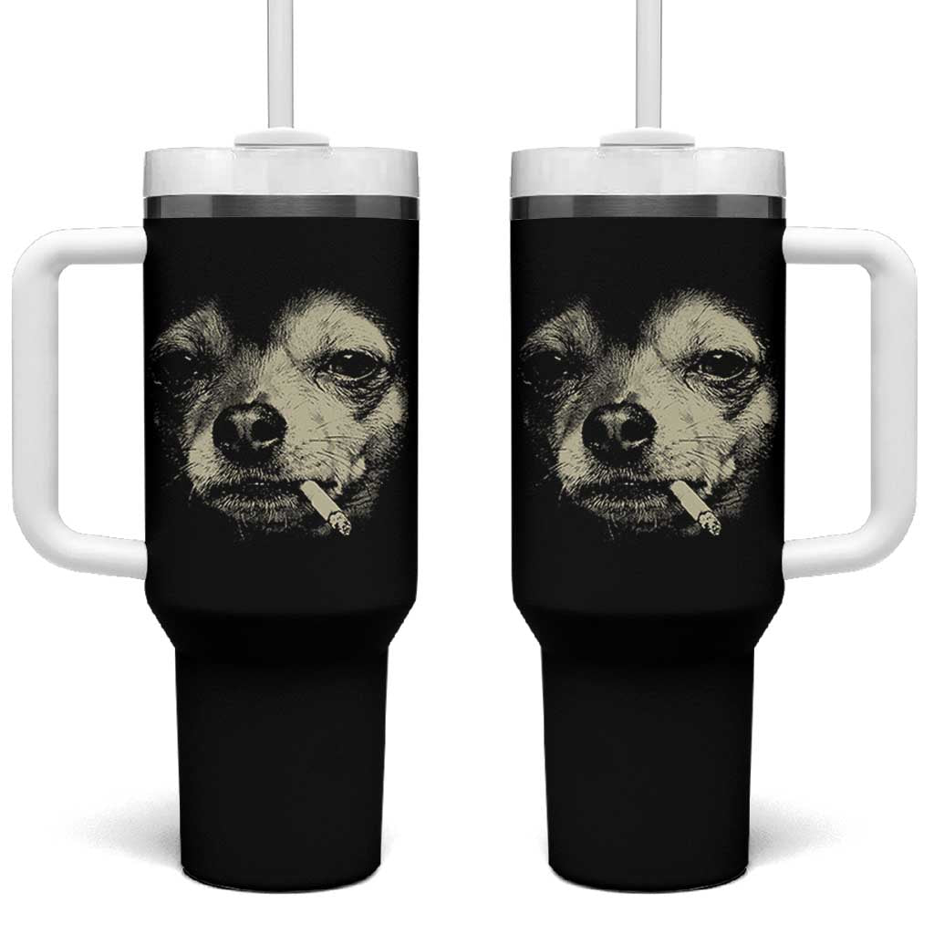 Funny Chihuahua Smoking Cegarette Meme Tumbler With Handle Gritty Ironic Dog Graphic for Dark Humor Lovers