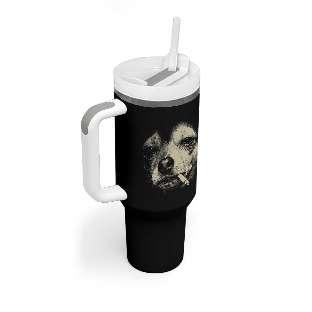 Funny Chihuahua Smoking Cegarette Meme Tumbler With Handle Gritty Ironic Dog Graphic for Dark Humor Lovers