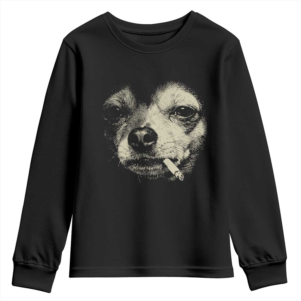 Funny Chihuahua Smoking Cegarette Meme Youth Sweatshirt Gritty Ironic Dog Graphic for Dark Humor Lovers