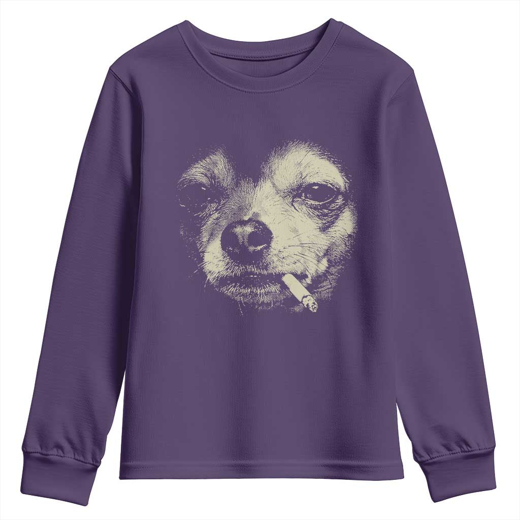 Funny Chihuahua Smoking Cegarette Meme Youth Sweatshirt Gritty Ironic Dog Graphic for Dark Humor Lovers