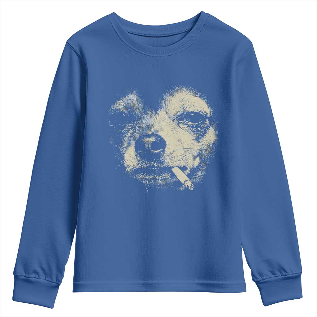 Funny Chihuahua Smoking Cegarette Meme Youth Sweatshirt Gritty Ironic Dog Graphic for Dark Humor Lovers