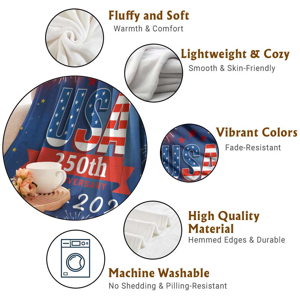 USA 250th Anniversary 1776 2026 Fireworks Throw Blanket Red White Blue 250 Years of Freedom Celebration