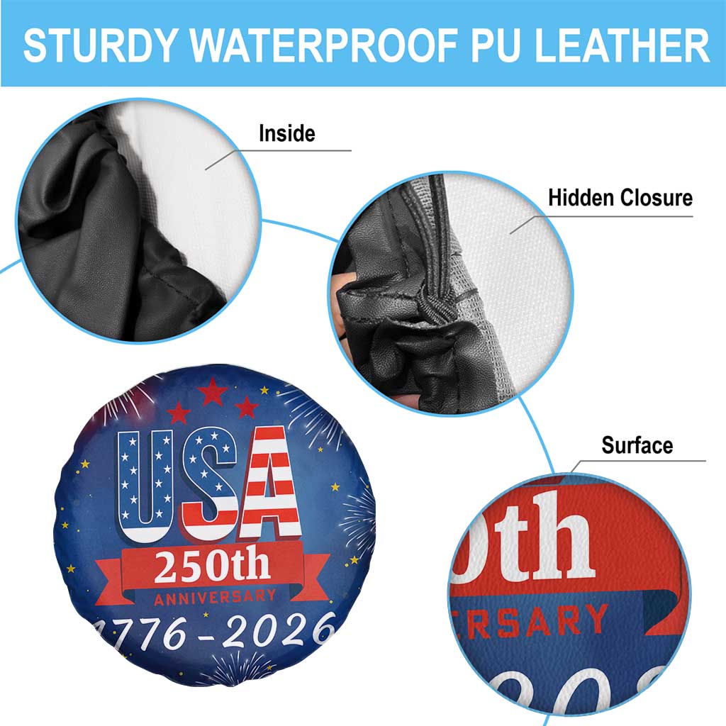USA 250th Anniversary 1776 2026 Fireworks Spare Tire Cover Red White Blue 250 Years of Freedom Celebration