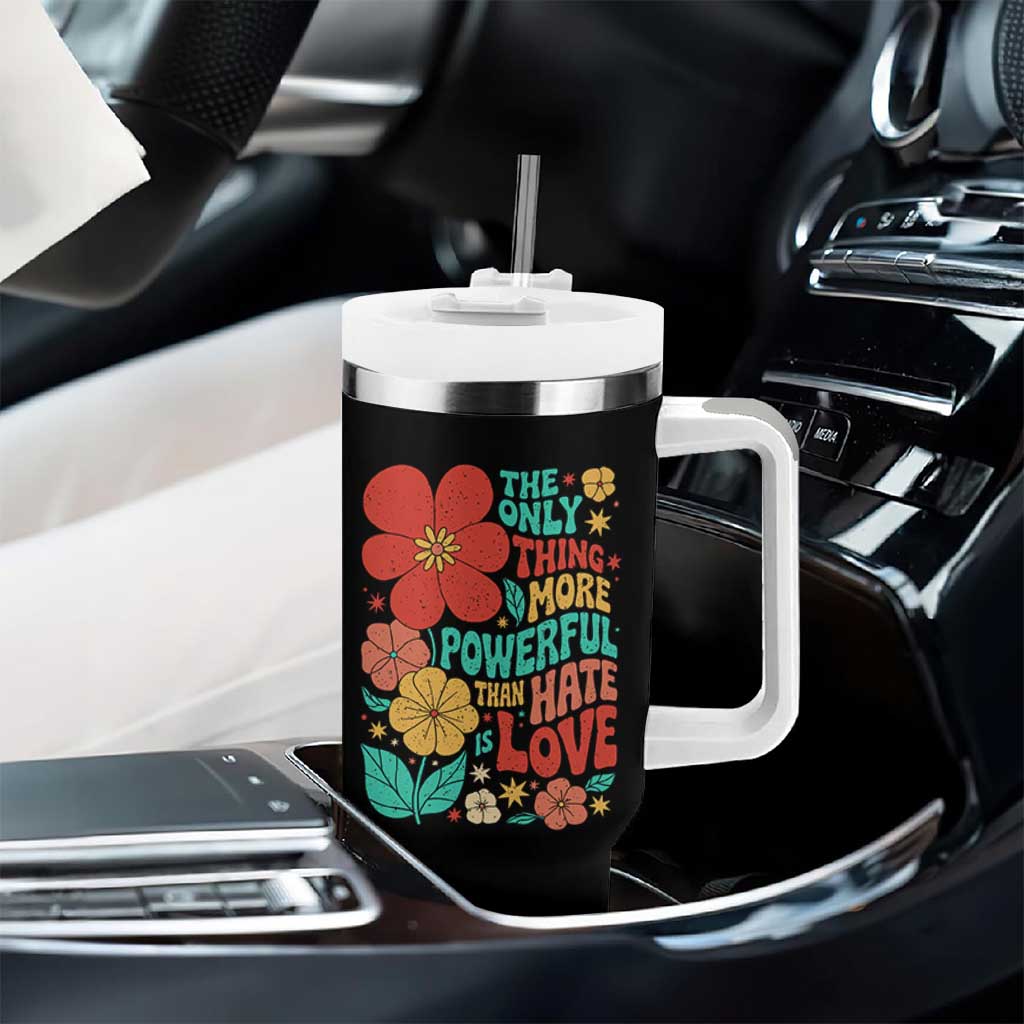 The Only Thing More Powerful Than Hate Is Love Tumbler With Handle Retro Floral Boho Bunny Inspirational Statement