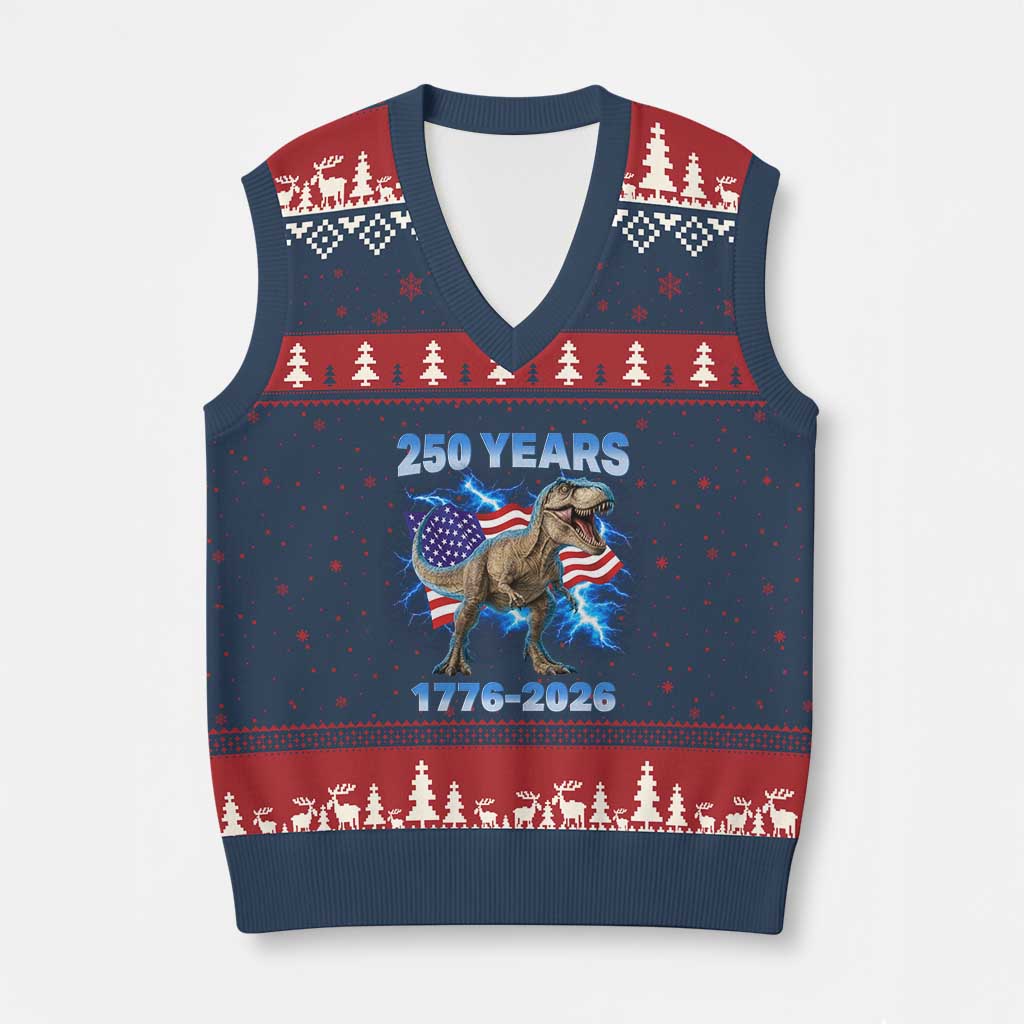 Funny Patriotic Dino Rex 250 Years 1776 2026 V-Neck Knit Sweater Vest Dinosaur USA Flag America 250th Anniversary Celebration