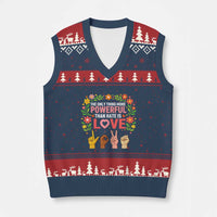 The Only Thing More Powerful Than Hate Is Love Floral Diversity V-Neck Knit Sweater Vest LOVE Hand Sign Language Bunny Inspirational Quote