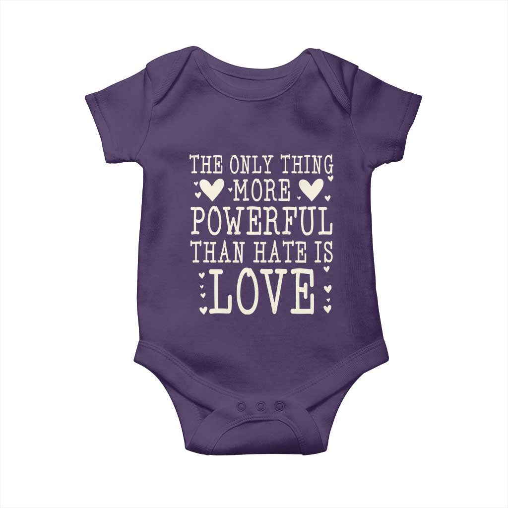 The Only Thing More Powerful Than Hate Is Love Baby Onesie Whimsical Heart Typography Bunny Inspirational Statement