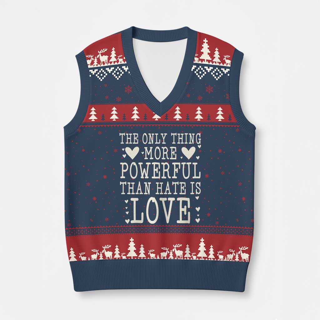 The Only Thing More Powerful Than Hate Is Love V-Neck Knit Sweater Vest Whimsical Heart Typography Bunny Inspirational Statement