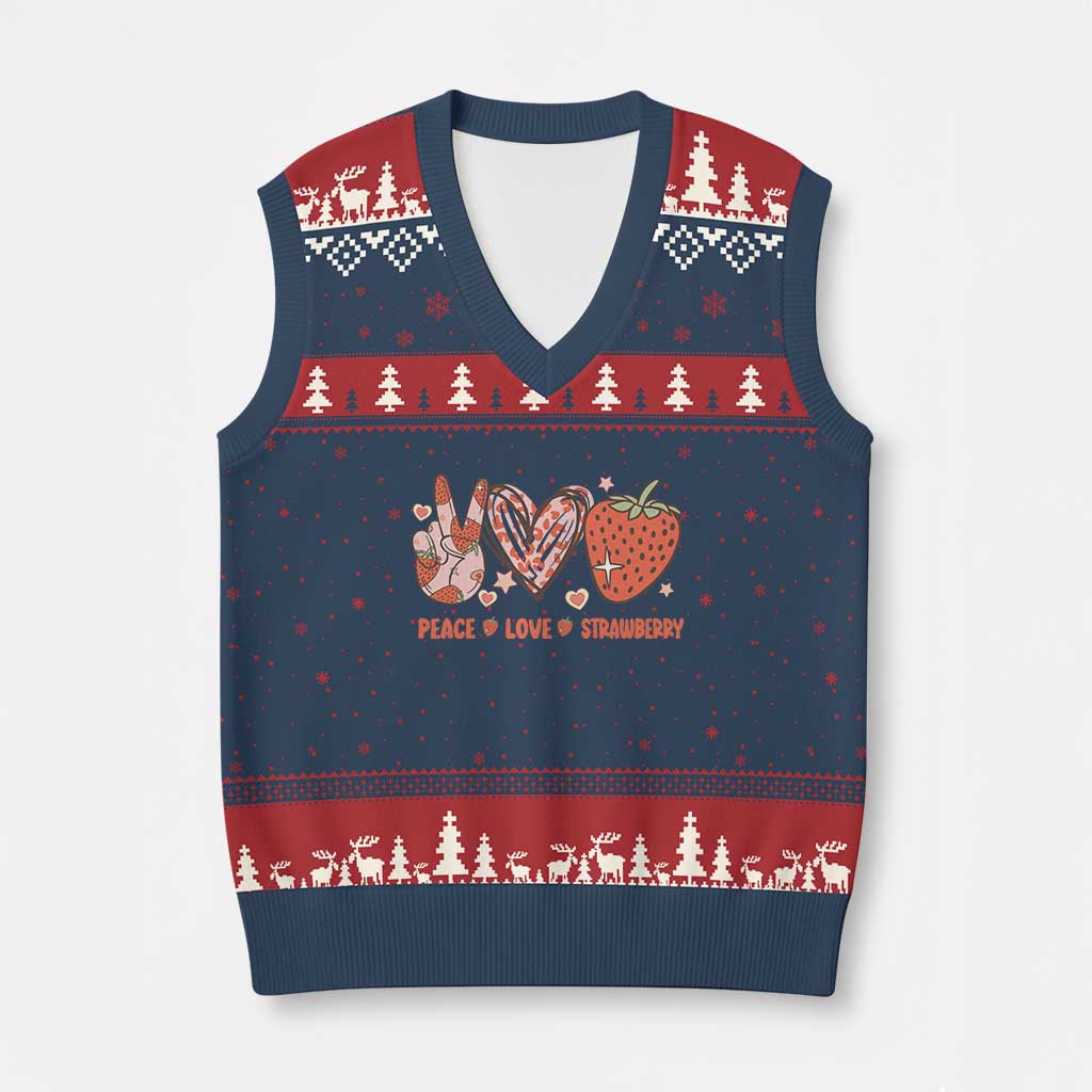 Strawberry Festival V-Neck Knit Sweater Vest Peace Love Strawberry Cute Fruit Lover - Wonder Print Shop