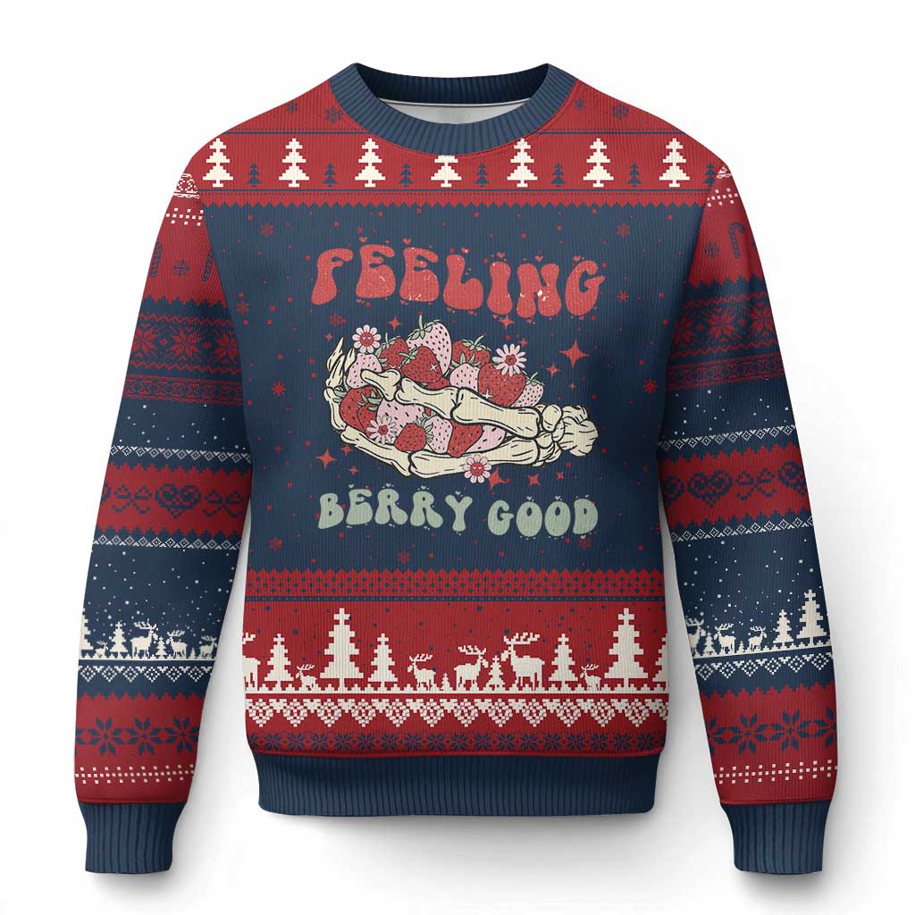 Strawberry Festival Ugly Christmas Sweater Feeling Berry Good Fruit Lover Skeleton Hand - Wonder Print Shop