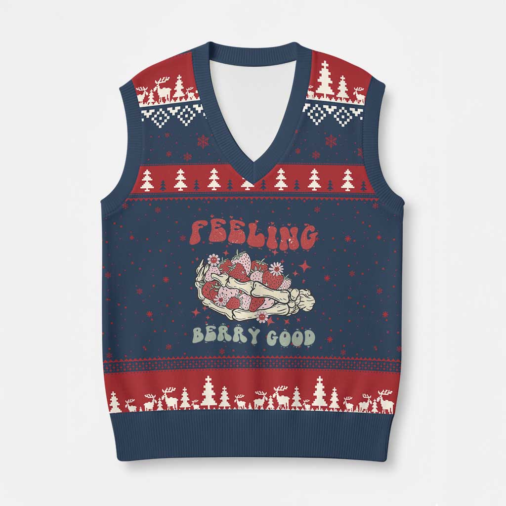 Strawberry Festival V-Neck Knit Sweater Vest Feeling Berry Good Fruit Lover Skeleton Hand - Wonder Print Shop