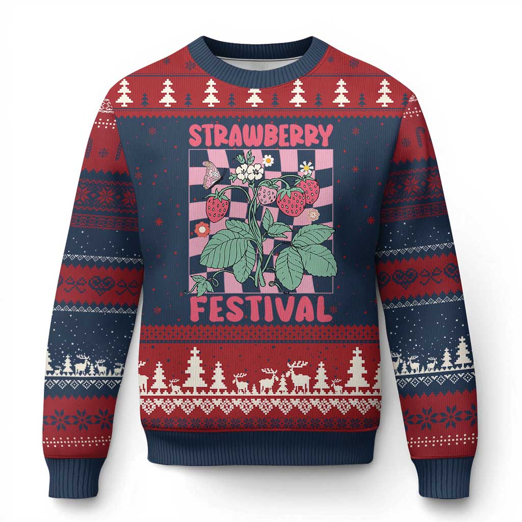 Strawberry Festival Ugly Christmas Sweater Fruit Lover Botanical Retro Groovy - Wonder Print Shop