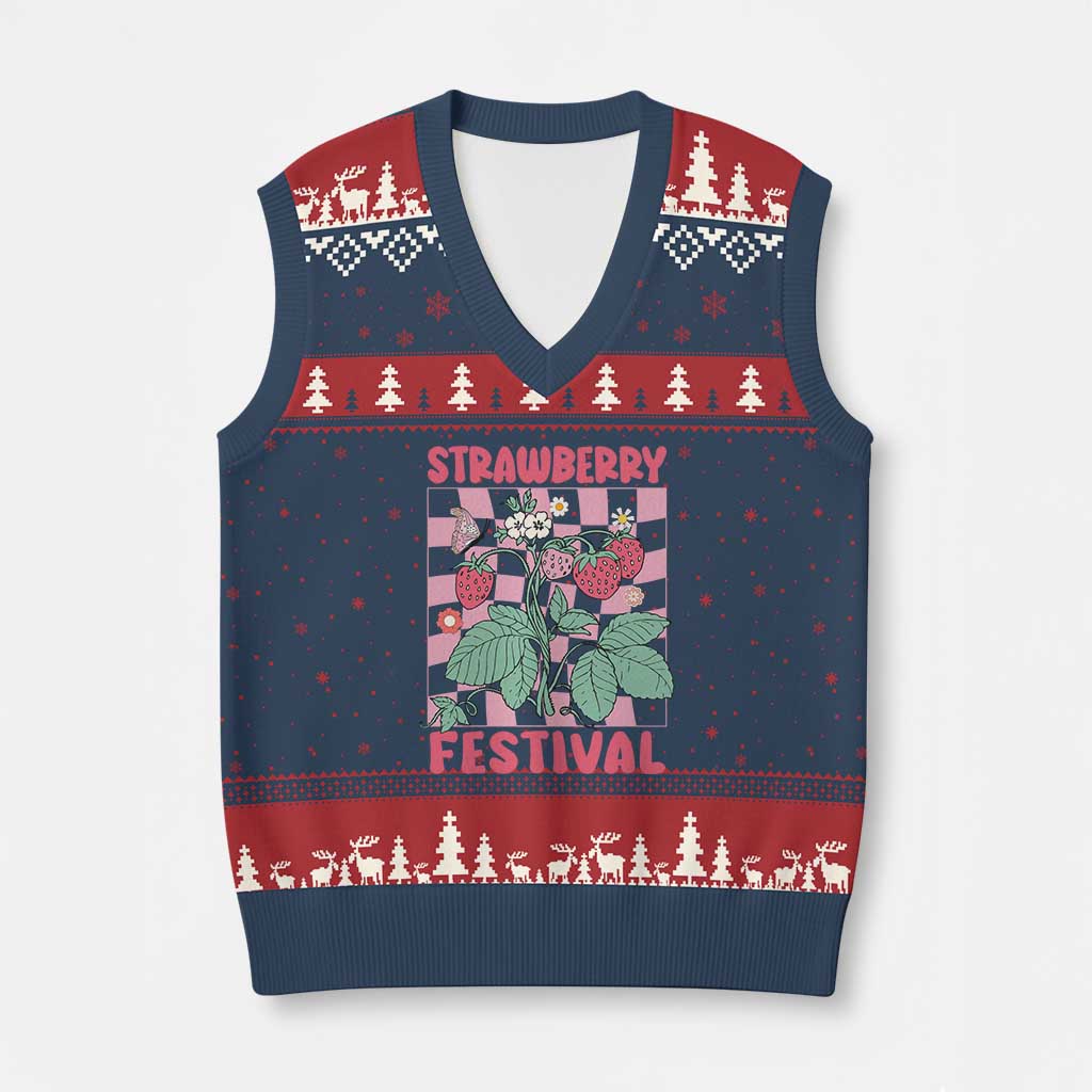 Strawberry Festival V-Neck Knit Sweater Vest Fruit Lover Botanical Retro Groovy - Wonder Print Shop
