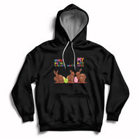 Black Easter hoodie with bunny graphic, hood, and kangaroo pocket.
