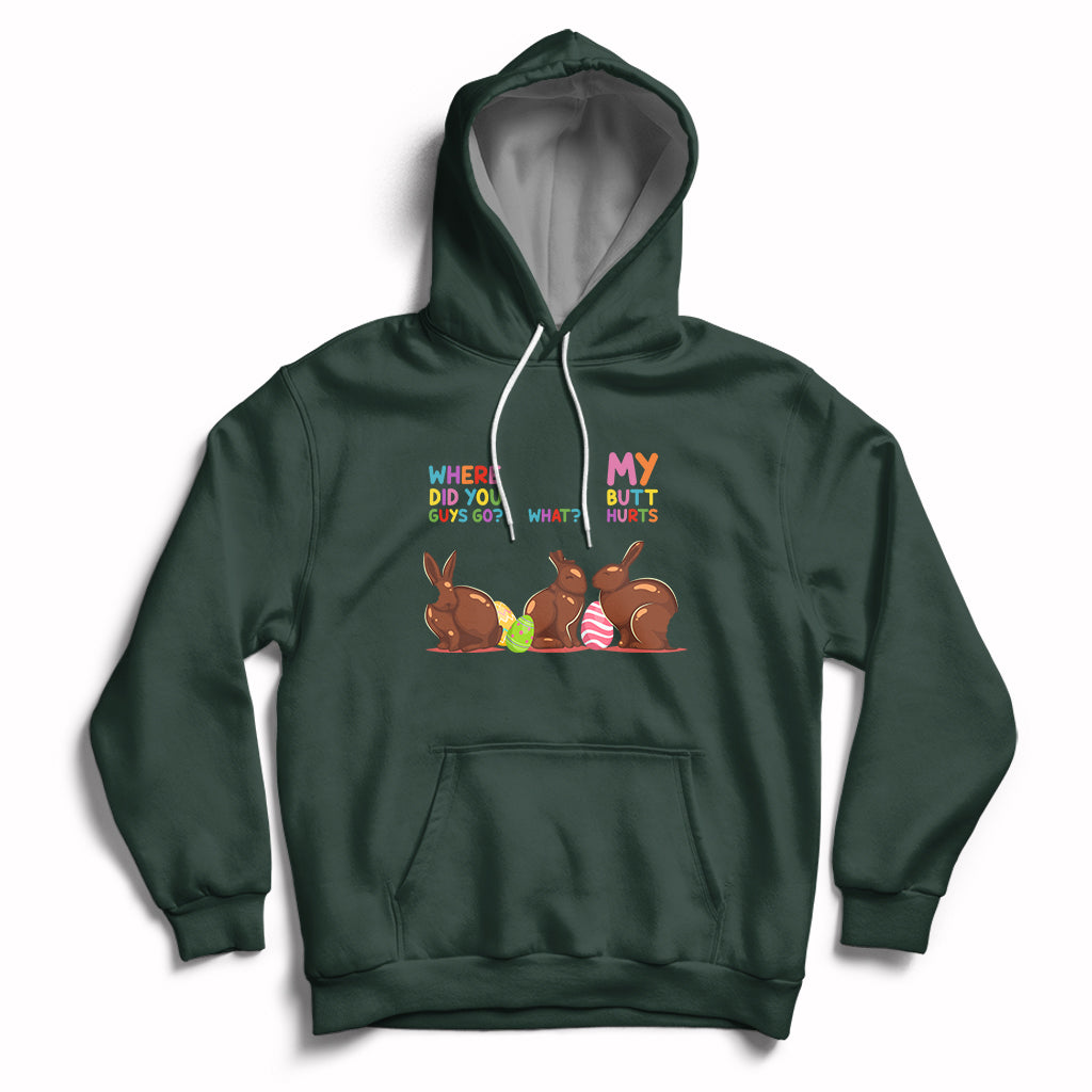Forest green Easter hoodie with bunny graphic, hood, and kangaroo pocket.