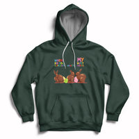 Forest green Easter hoodie with bunny graphic, hood, and kangaroo pocket.