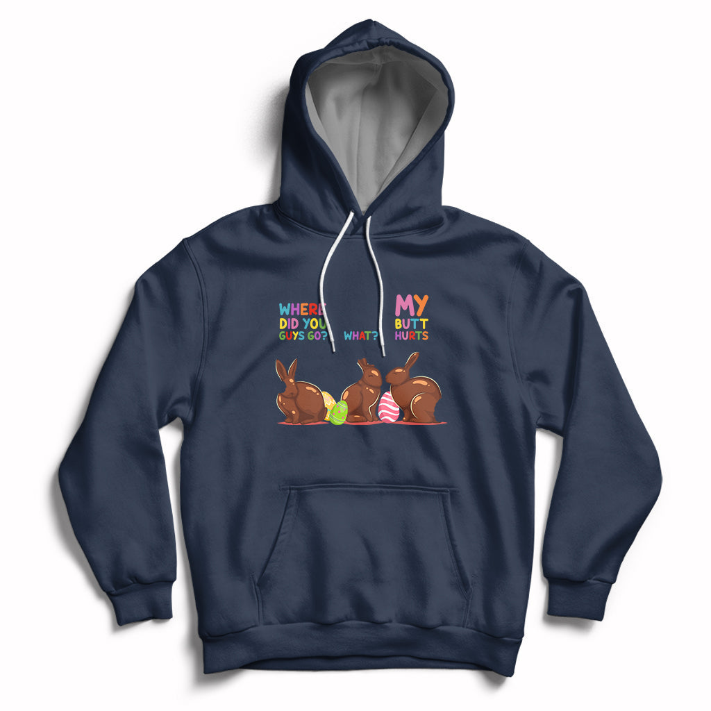 Navy Easter hoodie with bunny graphic, hood, and kangaroo pocket.