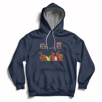 Navy Easter hoodie with bunny graphic, hood, and kangaroo pocket.