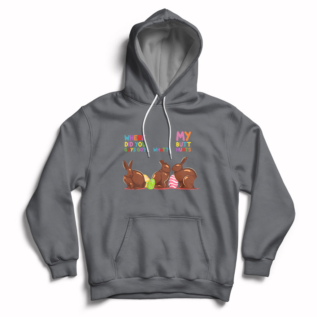Charcoal Easter hoodie with bunny graphic, hood, and kangaroo pocket.