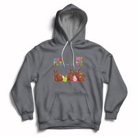 Charcoal Easter hoodie with bunny graphic, hood, and kangaroo pocket.