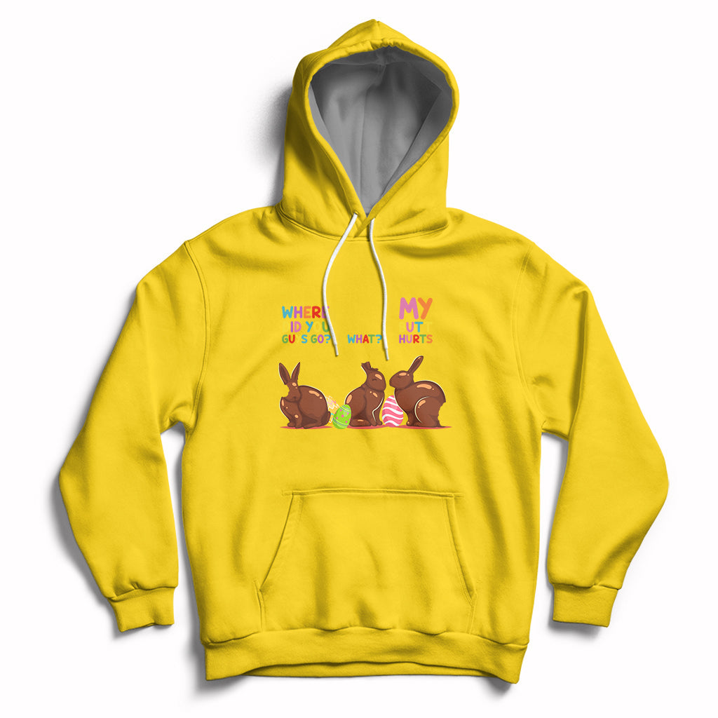 Daisy yellow Easter hoodie with bunny graphic, hood, and kangaroo pocket.
