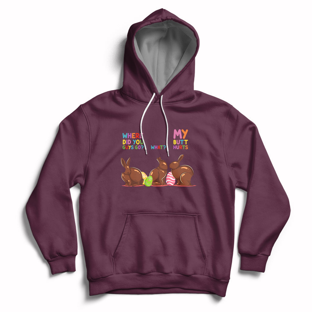 Maroon Easter hoodie with bunny graphic, hood, and kangaroo pocket.