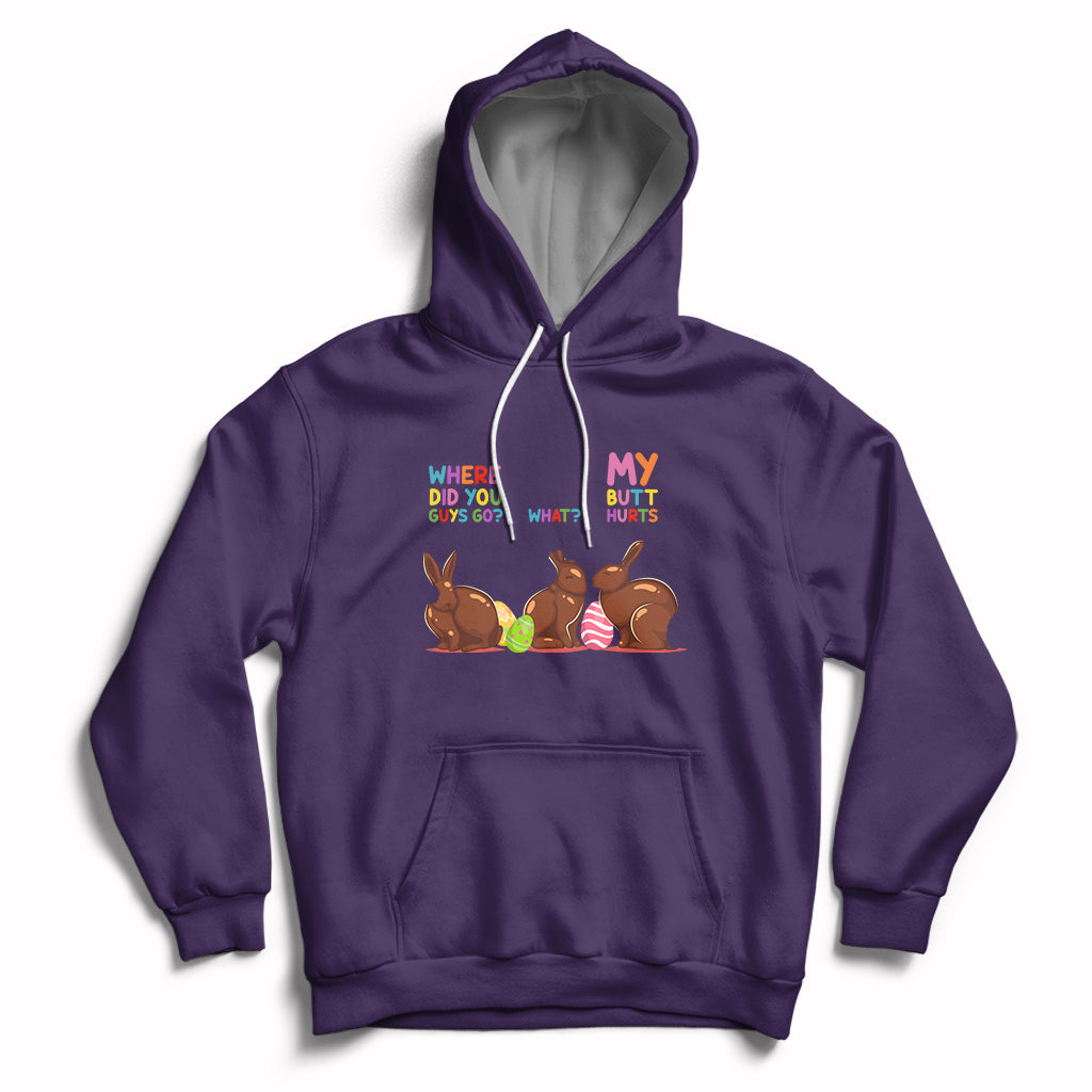 Purple Easter hoodie with bunny graphic, hood, and kangaroo pocket.