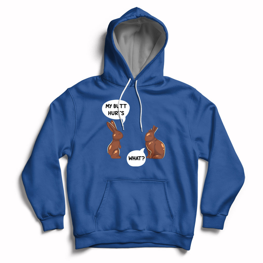 Royal blue Easter hoodie with bunny graphic and playful text on the chest