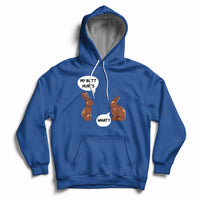 Royal blue Easter hoodie with bunny graphic and playful text on the chest