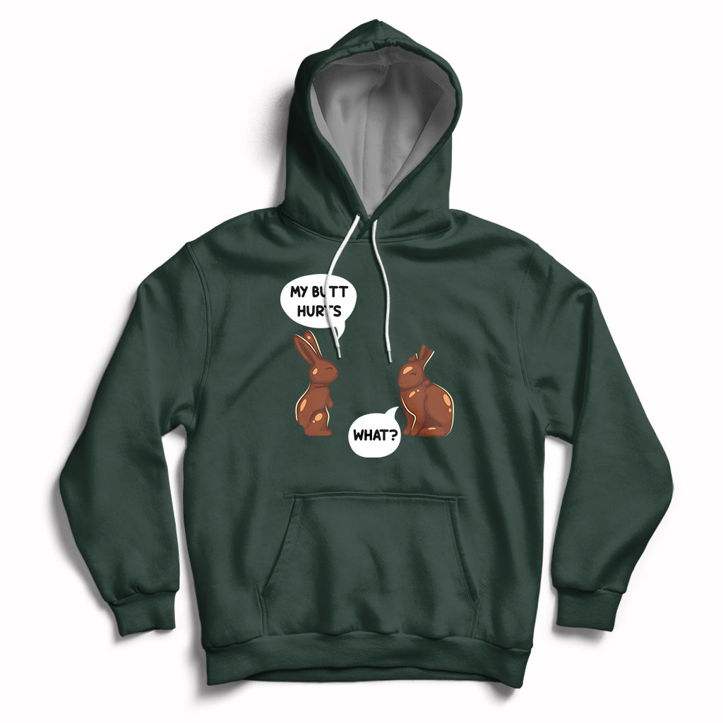 Forest green Easter hoodie with bunny graphic and playful text on the chest