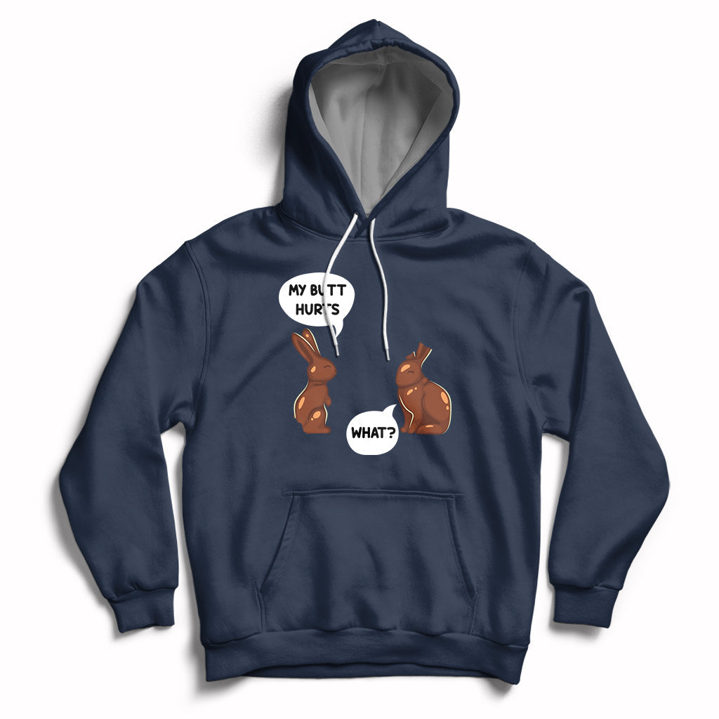 Navy Easter hoodie with bunny graphic and playful text on the chest