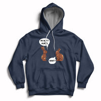 Navy Easter hoodie with bunny graphic and playful text on the chest