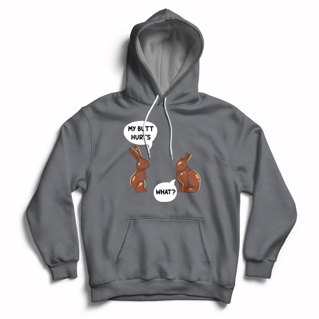 Charcoal Easter hoodie with bunny graphic and playful text on the chest