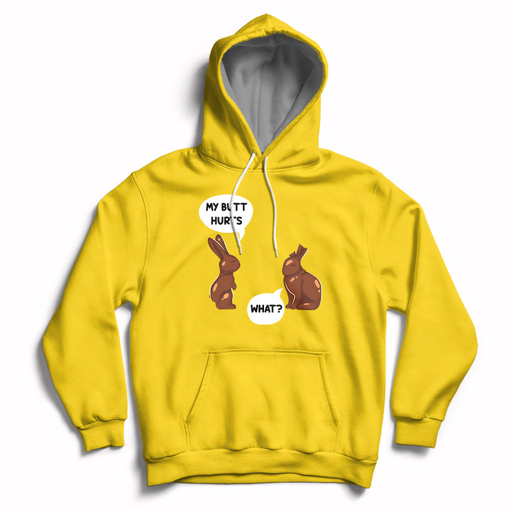 Daisy yellow Easter hoodie with bunny graphic and playful text on the chest