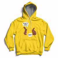 Daisy yellow Easter hoodie with bunny graphic and playful text on the chest