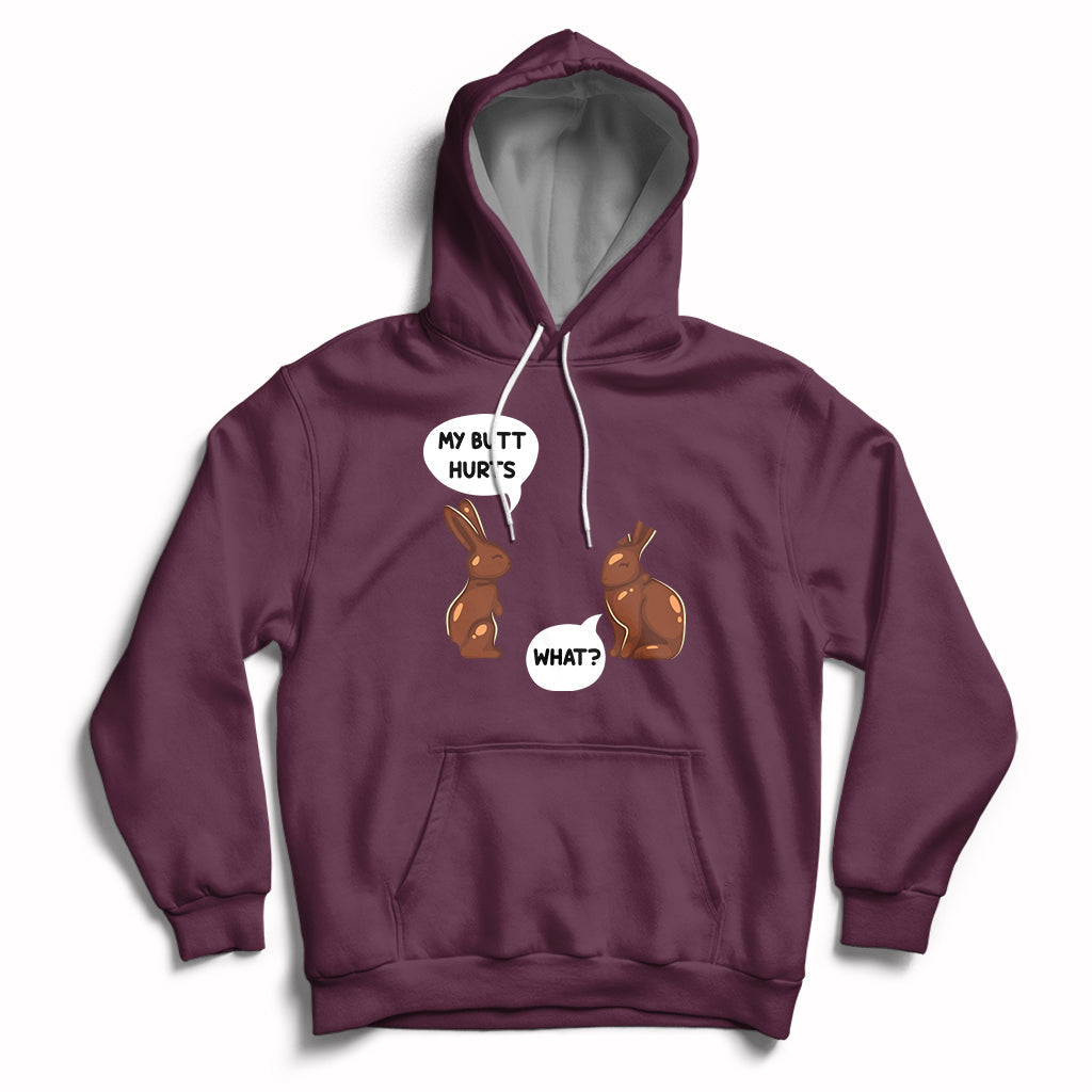 Maroon Easter hoodie with bunny graphic and playful text on the chest
