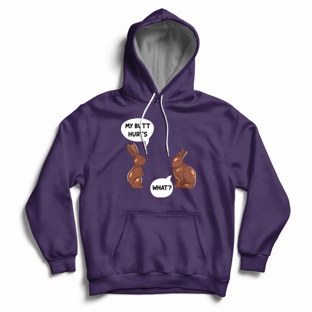 Purple Easter hoodie with bunny graphic and playful text on the chest