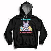 Kids black hoodie with bunny graphic, "I PAUSED" and egg hunt game text