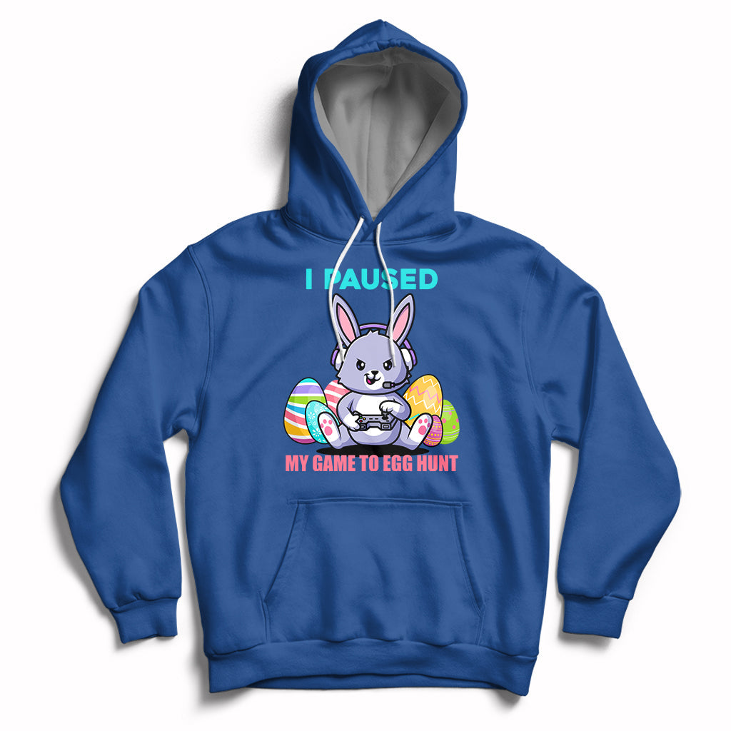 Kids royal blue hoodie with bunny graphic, "I PAUSED" and egg hunt game text