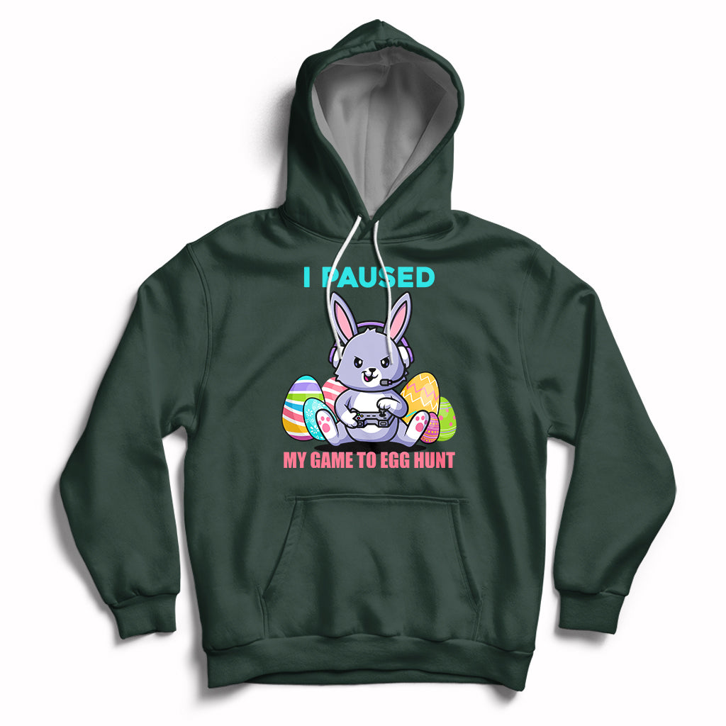 Kids forest green hoodie with bunny graphic, "I PAUSED" and egg hunt game text