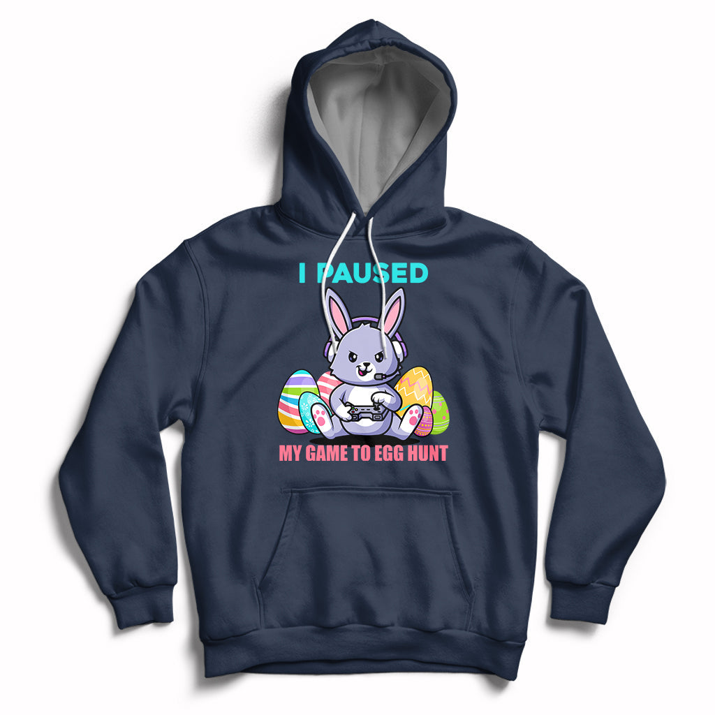 Kids navy hoodie with bunny graphic, "I PAUSED" and egg hunt game text
