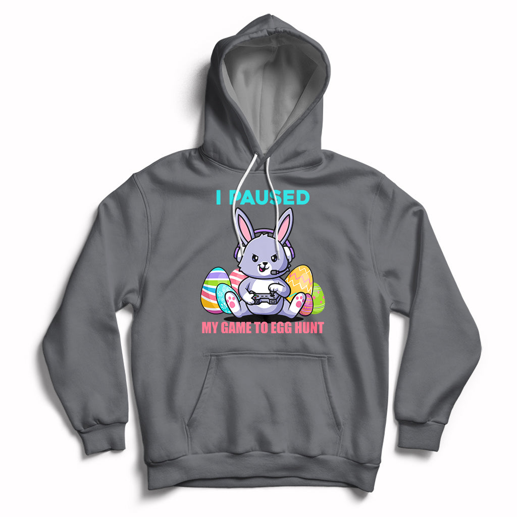 Kids charcoal gray hoodie with bunny graphic, "I PAUSED" and egg hunt game text