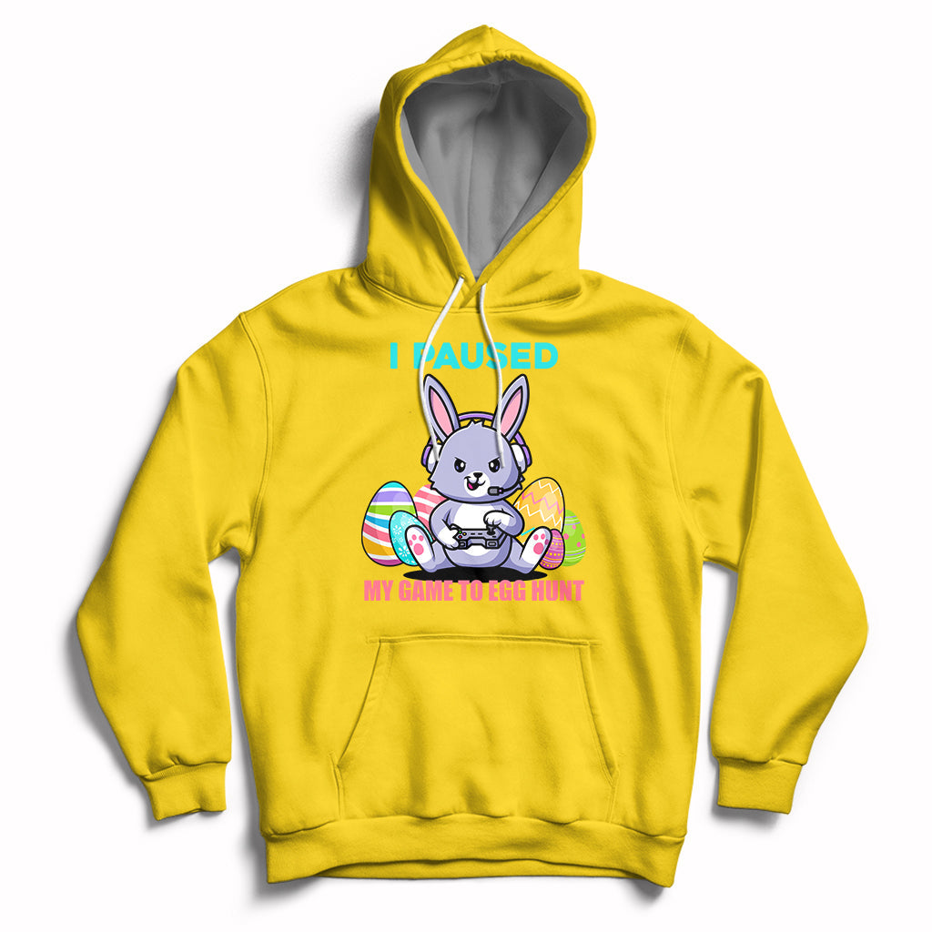 Kids daisy yellow hoodie with bunny graphic, "I PAUSED" and egg hunt game text