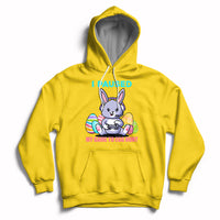 Kids daisy yellow hoodie with bunny graphic, "I PAUSED" and egg hunt game text